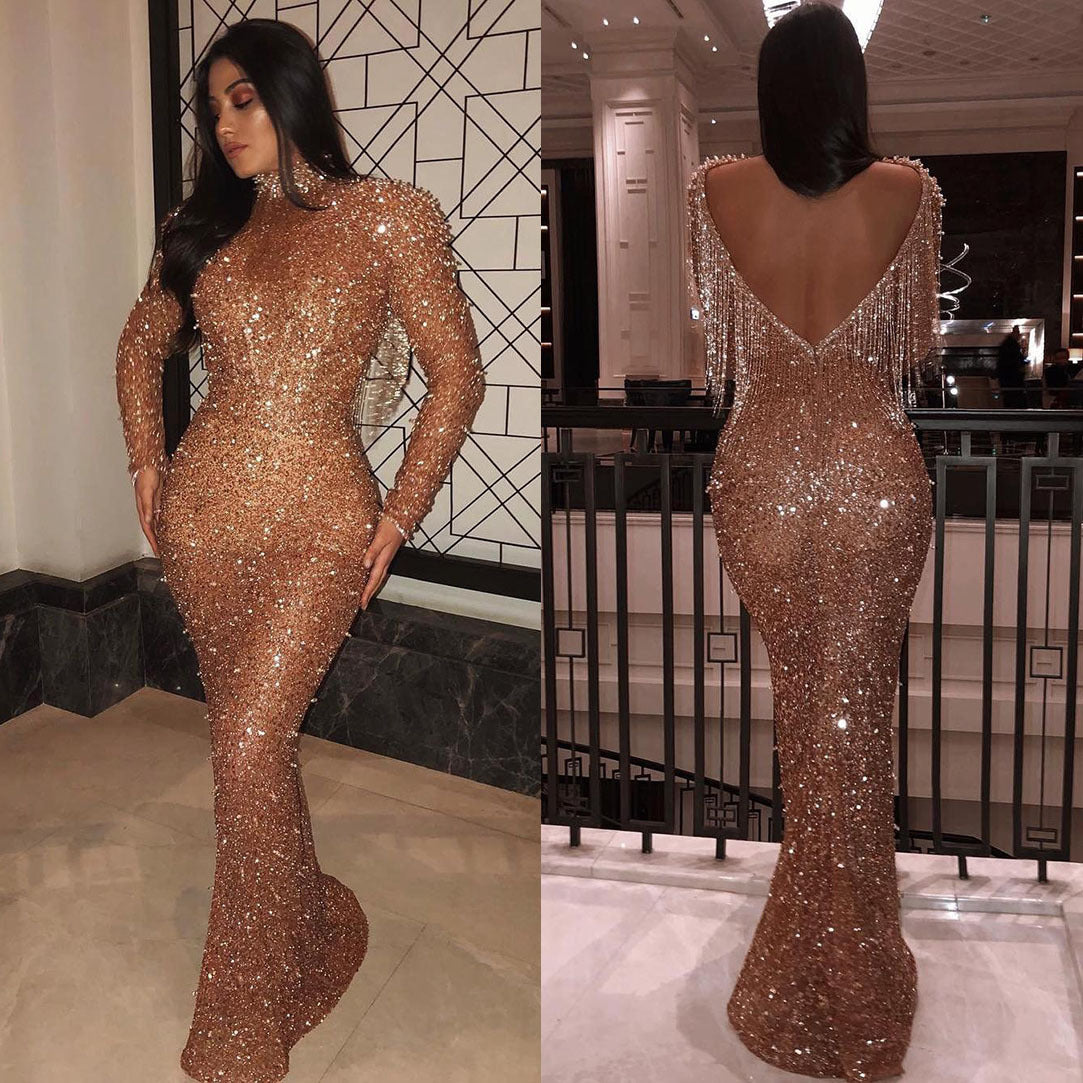 Women's Casual Golden Backless Long Sleeves Dress