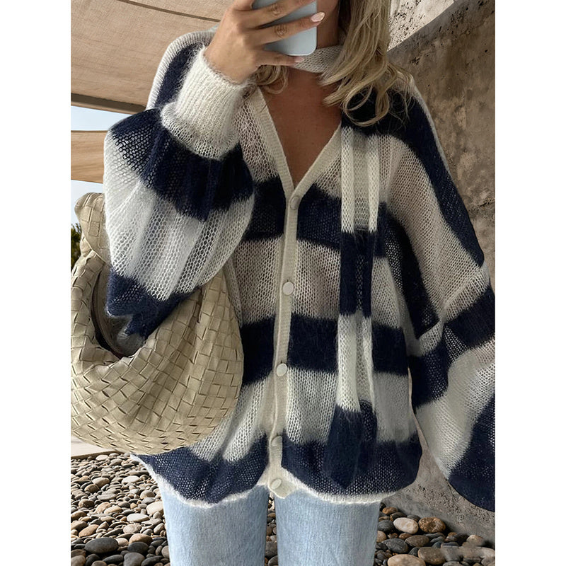 Womens Striped Cardigan Sweaters V Neck Open Front Button Up Color Block Loose Coats With Scarf