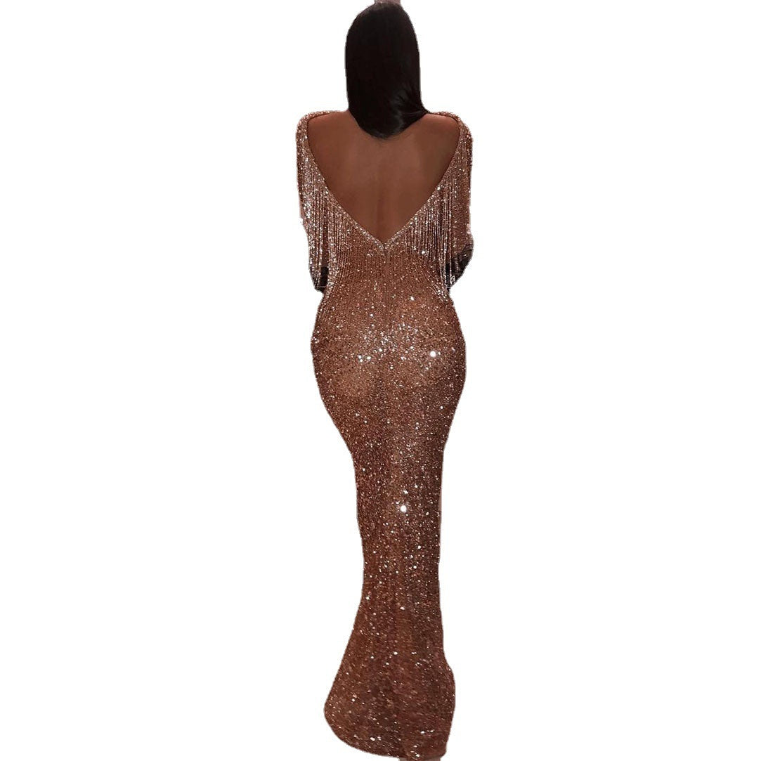 Women's Casual Golden Backless Long Sleeves Dress