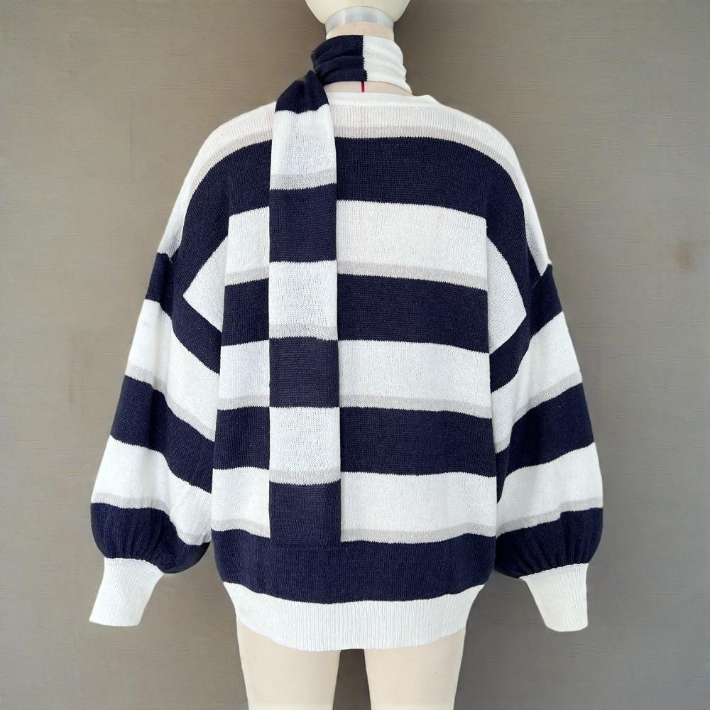 Womens Striped Cardigan Sweaters V Neck Open Front Button Up Color Block Loose Coats With Scarf